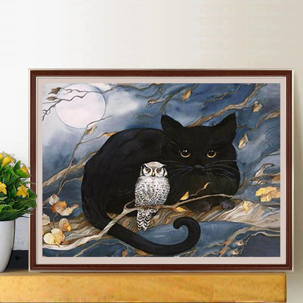 Black Cat And Owl - Full Round Drill Diamond Painting 40*30CM