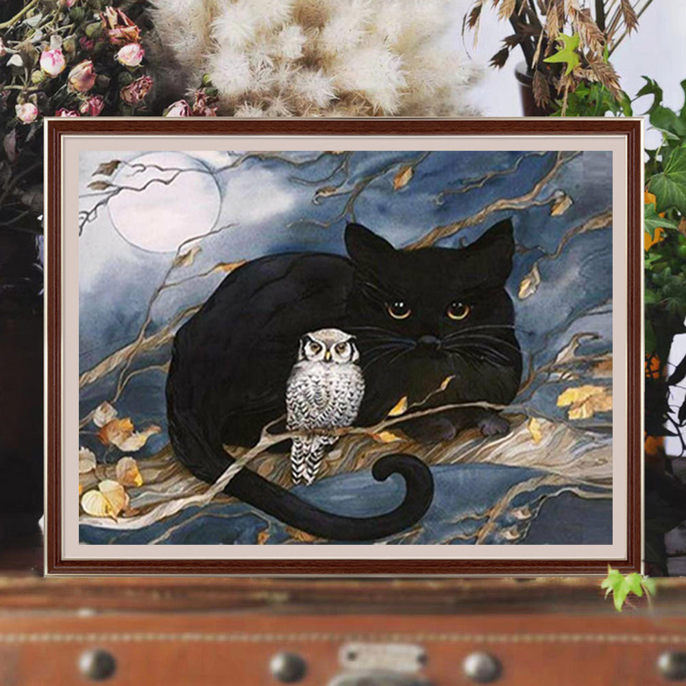 Black Cat And Owl - Full Round Drill Diamond Painting 40*30CM