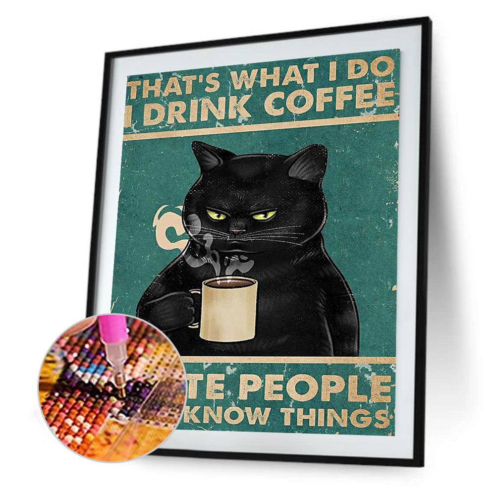 Black Cat Drinking Coffee - Full Round Drill Diamond Painting 50*60CM