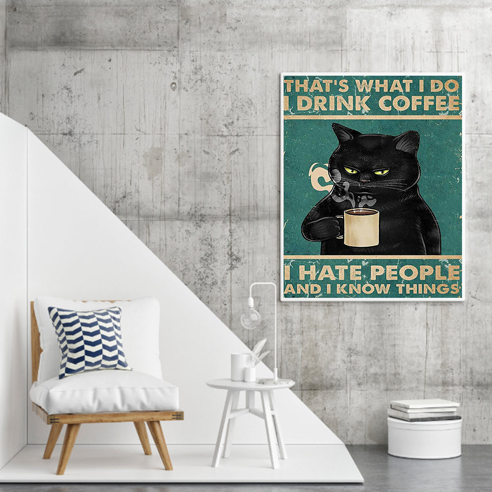 Black Cat Drinking Coffee - Full Round Drill Diamond Painting 50*60CM