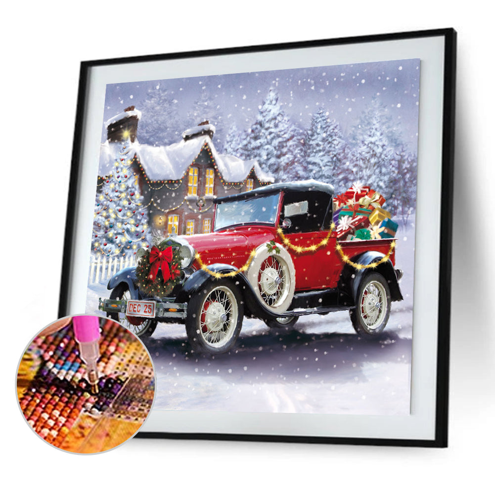 Christmas Snow Retro Red Car - Full Round Drill Diamond Painting 30*30CM