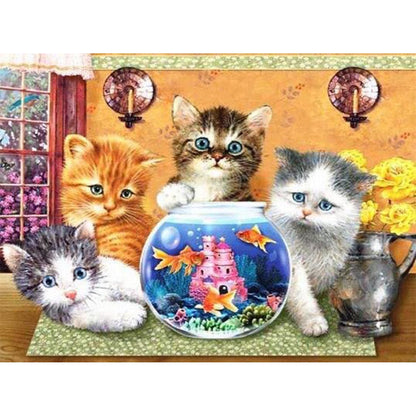 Cat Looking At Goldfish - Full Round Drill Diamond Painting 40*30CM