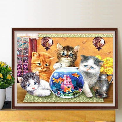 Cat Looking At Goldfish - Full Round Drill Diamond Painting 40*30CM