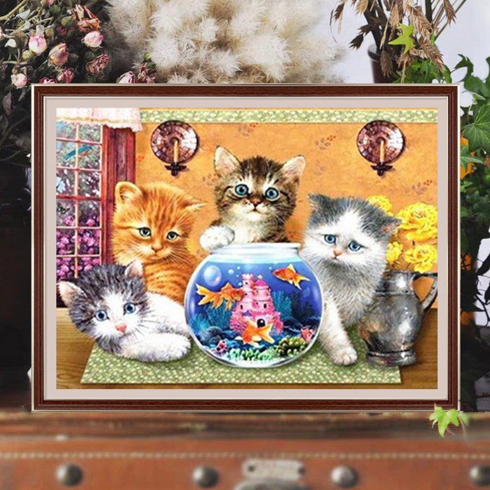 Cat Looking At Goldfish - Full Round Drill Diamond Painting 40*30CM