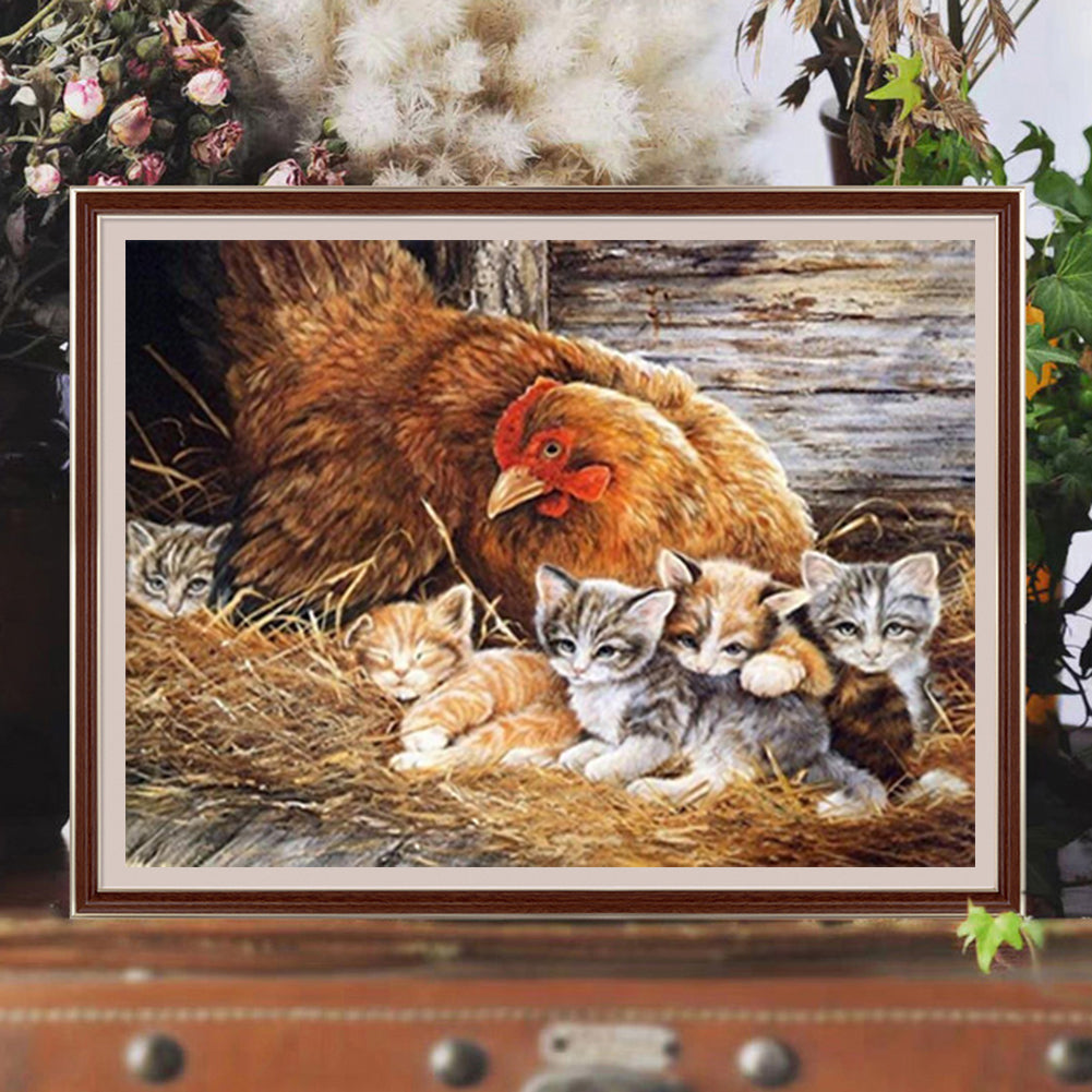 Cat In Chicken Coop - Full Round Drill Diamond Painting 40*30CM