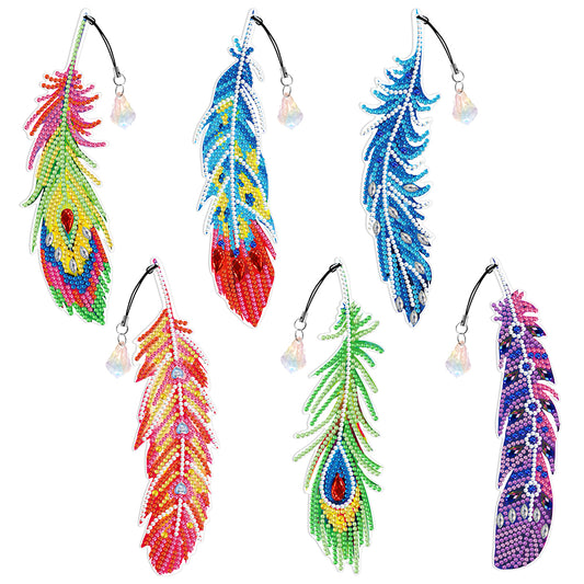 6pcs Crystal Pendant Bookmark Student Gifts 5D DIY Feather Shape for Adults Kids