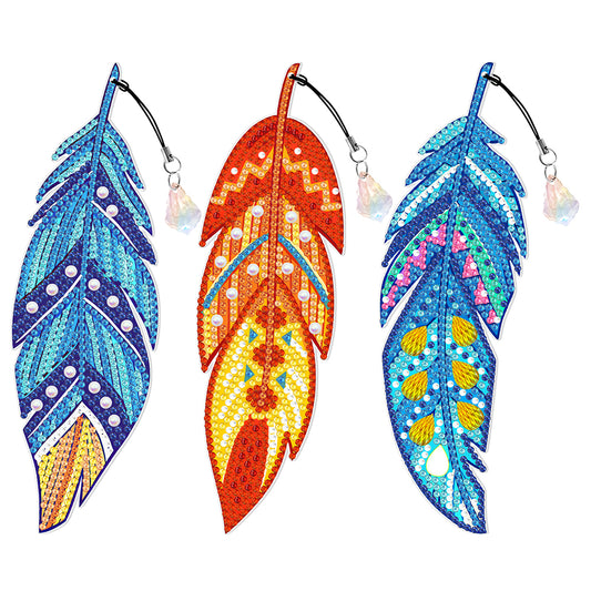 6pcs Crystal Pendant Bookmark Student Gifts 5D DIY Feather Shape for Adults Kids