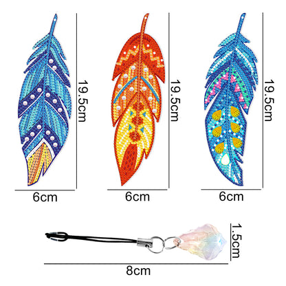 6pcs Crystal Pendant Bookmark Student Gifts 5D DIY Feather Shape for Adults Kids