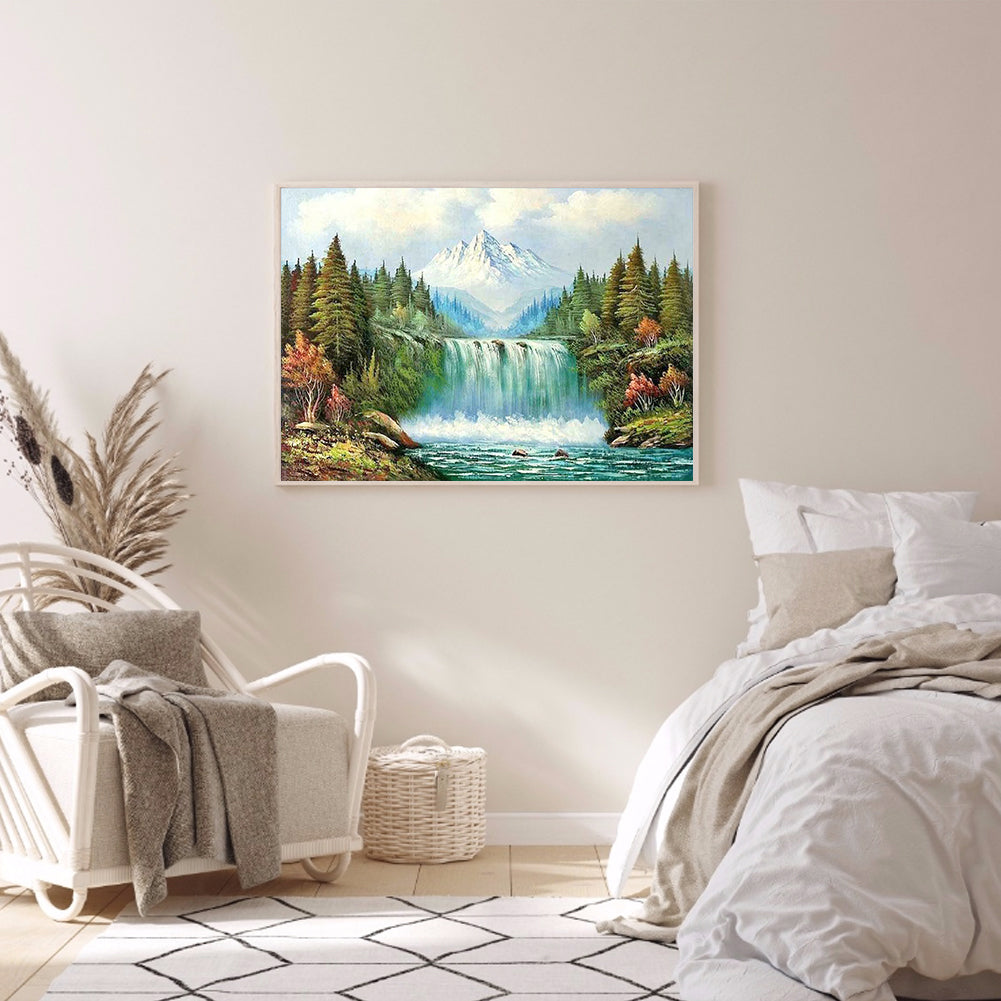 Waterfall Under Snow Mountain - Full Round Drill Diamond Painting 50*40CM