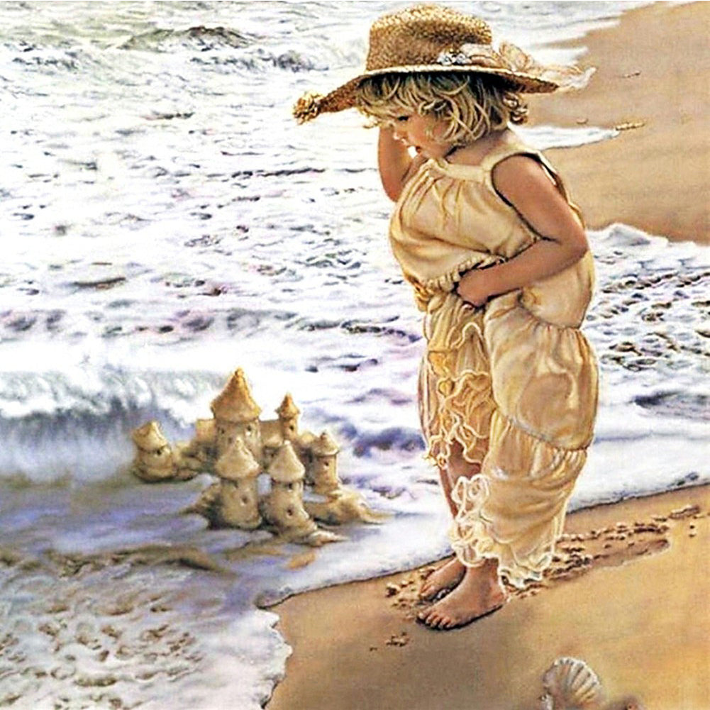 Little Girl Building Sand Castle - Full Round Drill Diamond Painting 50*50CM