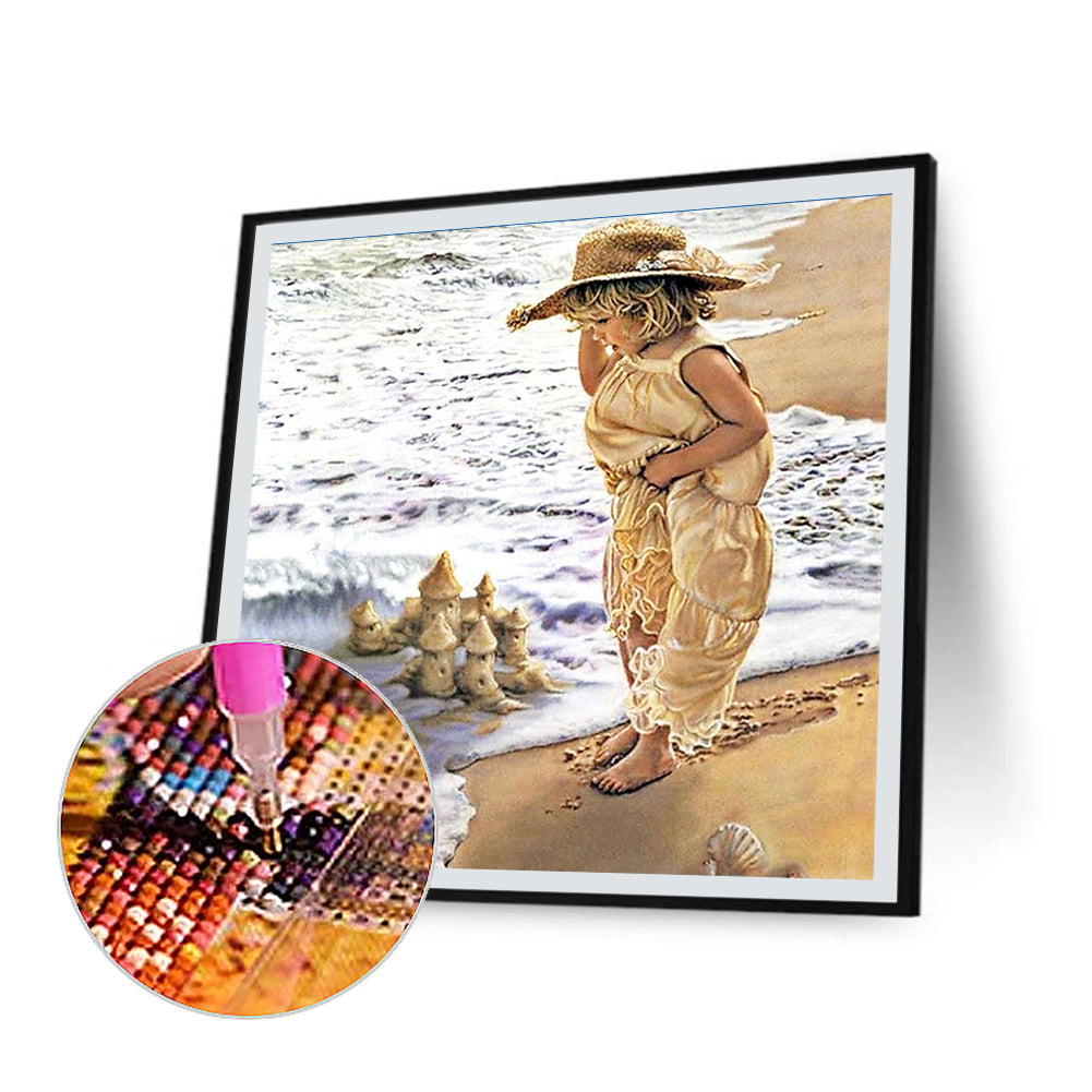 Little Girl Building Sand Castle - Full Round Drill Diamond Painting 50*50CM