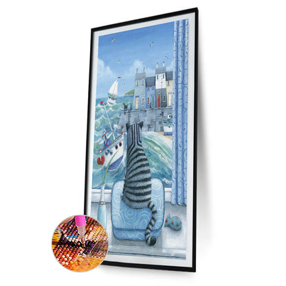 Cat Watching The Waves - Full Round Drill Diamond Painting 30*50CM