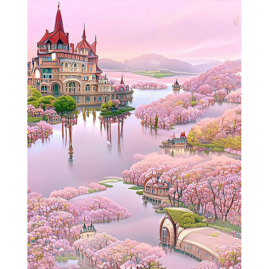 Pink Lake Castle - Full Round Drill Diamond Painting 40*50CM