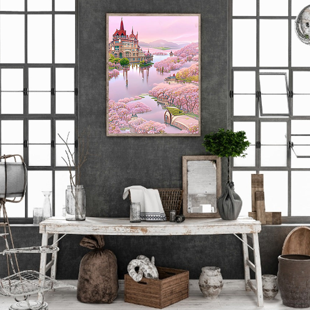 Pink Lake Castle - Full Round Drill Diamond Painting 40*50CM