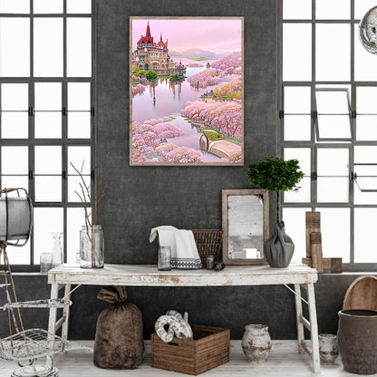 Pink Lake Castle - Full Round Drill Diamond Painting 40*50CM