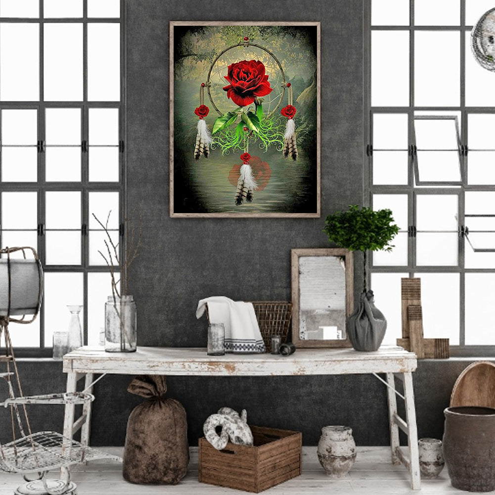 Red Rose Dream Catcher - Full Round Drill Diamond Painting 40*50CM