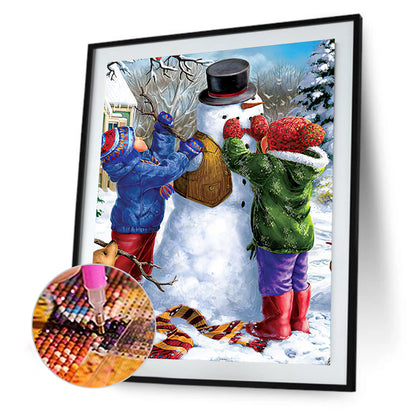 Two Kids Building A Snowman - Full Round Drill Diamond Painting 40*50CM