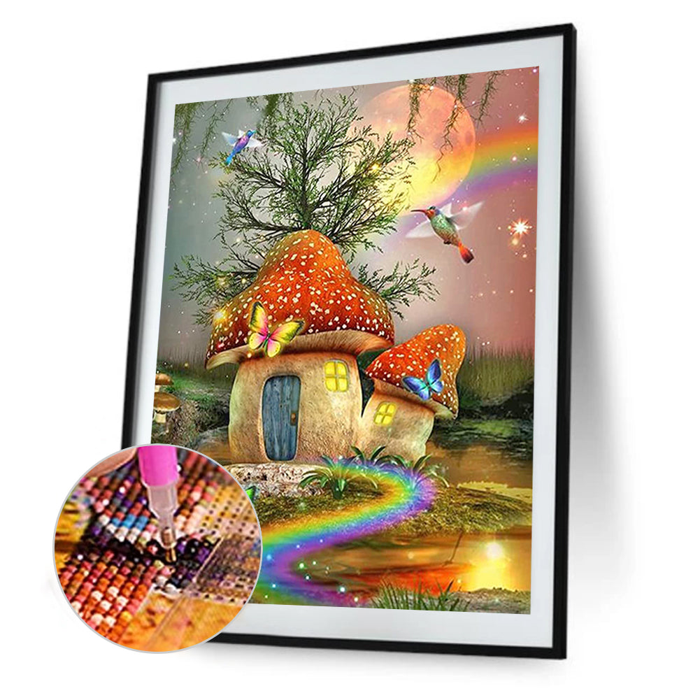 Rainbow Butterfly Mushroom House - Full Round Drill Diamond Painting 30*40CM