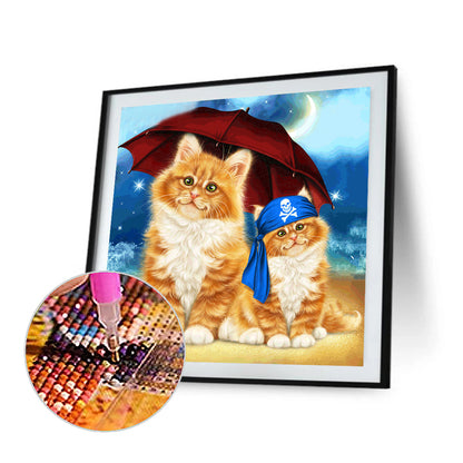 Cat With Umbrella On Beach - Full Round Drill Diamond Painting 30*30CM