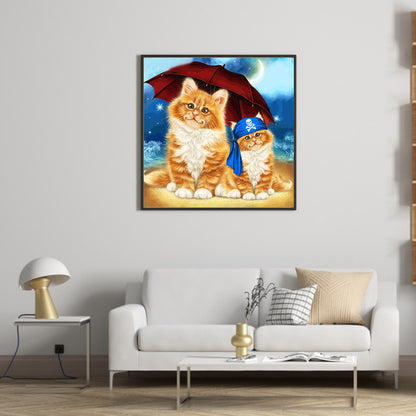 Cat With Umbrella On Beach - Full Round Drill Diamond Painting 30*30CM