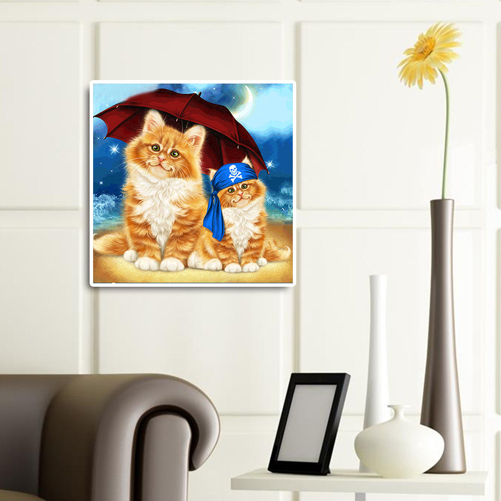 Cat With Umbrella On Beach - Full Round Drill Diamond Painting 30*30CM