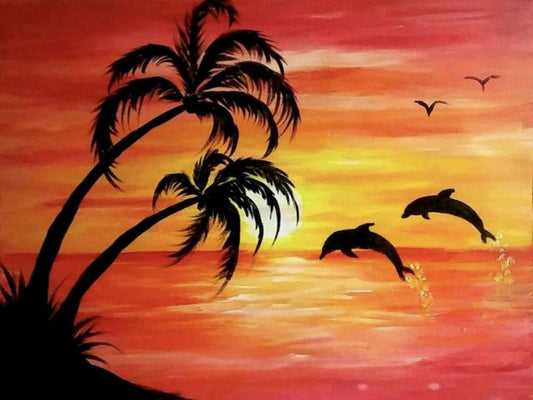 Sunset Landscape At The Beach With Palm Trees - Full Round Drill Diamond Painting 40*30CM