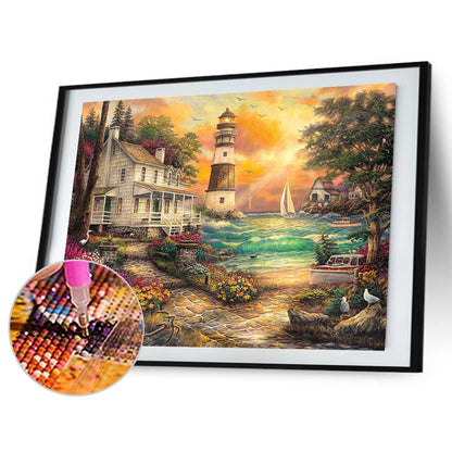 Seaside Lighthouse House - Full Round Drill Diamond Painting 50*40CM