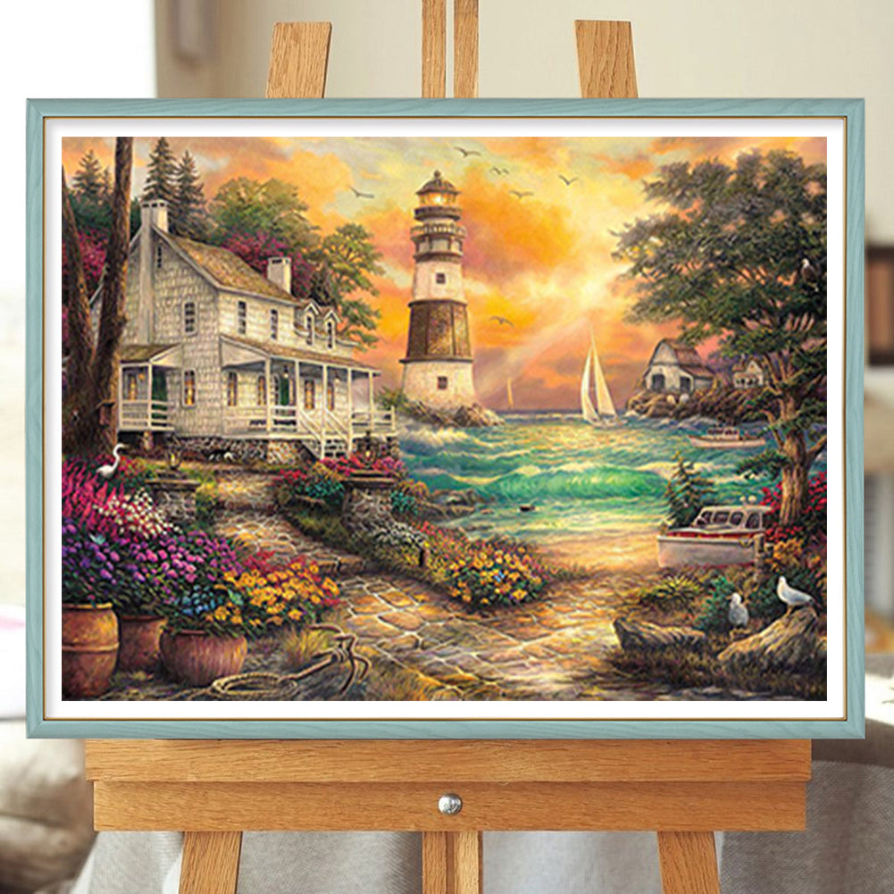 Seaside Lighthouse House - Full Round Drill Diamond Painting 50*40CM