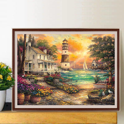 Seaside Lighthouse House - Full Round Drill Diamond Painting 50*40CM