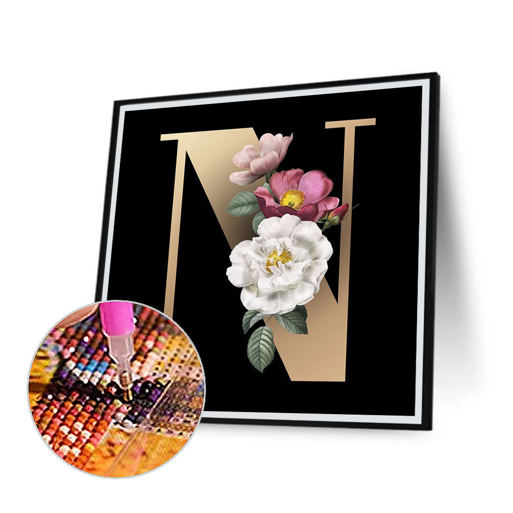 Dark Flower Letter N - Full Square Drill Diamond Painting 45*45CM