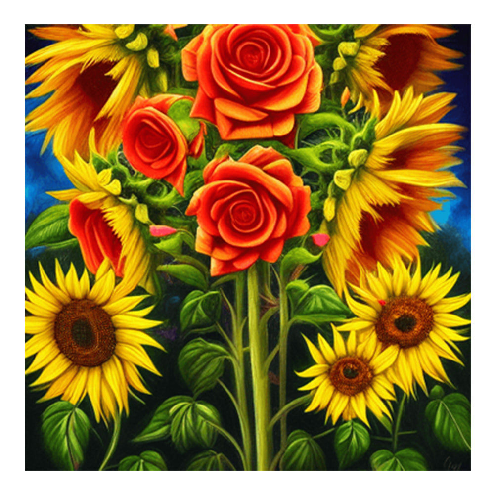 Blooming Roses And Sunflowers - Full Round Drill Diamond Painting 30*30CM