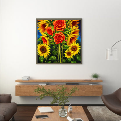 Blooming Roses And Sunflowers - Full Round Drill Diamond Painting 30*30CM