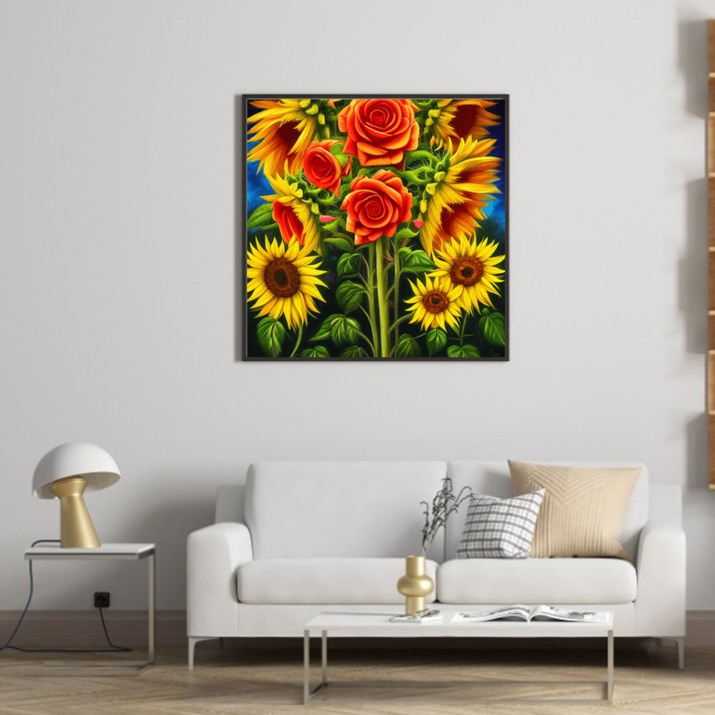 Blooming Roses And Sunflowers - Full Round Drill Diamond Painting 30*30CM