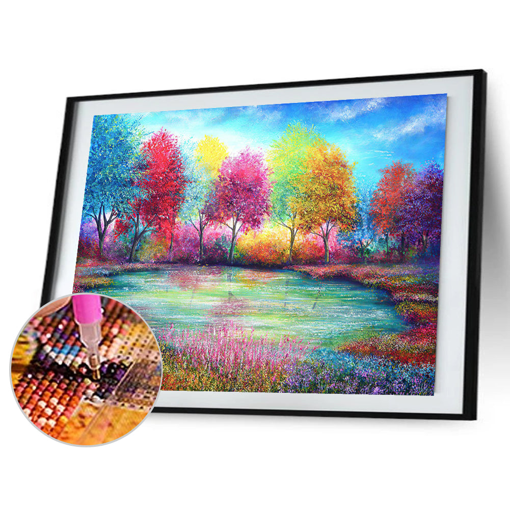 Colorful Tree And Lake - Full Round Drill Diamond Painting 50*40CM