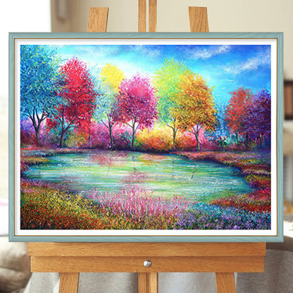 Colorful Tree And Lake - Full Round Drill Diamond Painting 50*40CM