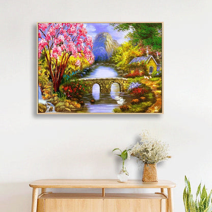 Alpine Small Bridge Flowing Water - Full Round Drill Diamond Painting 40*30CM