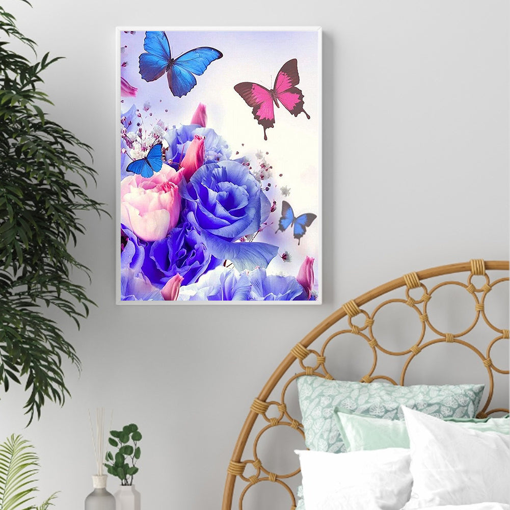 Blue Rose Butterfly - Full Round Drill Diamond Painting 30*40CM