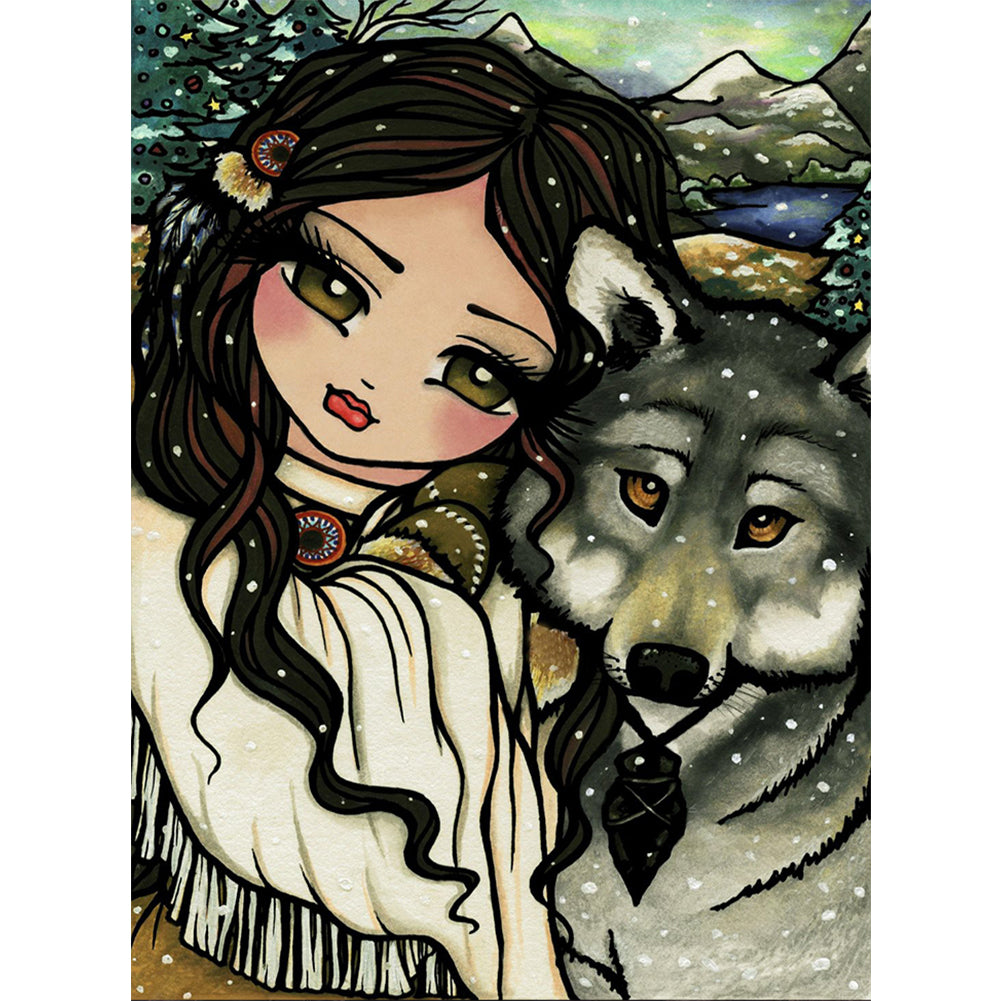 Wolf And Girl - Full Round Drill Diamond Painting 30*40CM