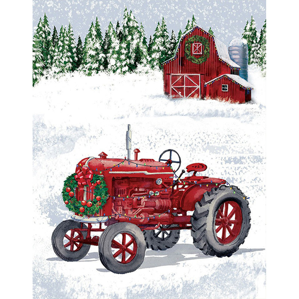 Christmas Snow Red Cabin Tractor - Full Round Drill Diamond Painting 40*50CM