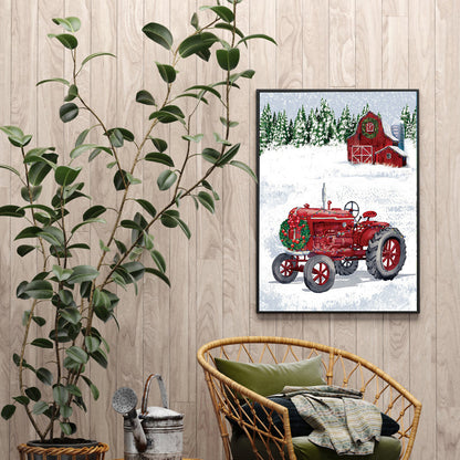 Christmas Snow Red Cabin Tractor - Full Round Drill Diamond Painting 40*50CM