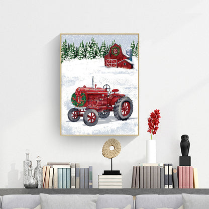 Christmas Snow Red Cabin Tractor - Full Round Drill Diamond Painting 40*50CM