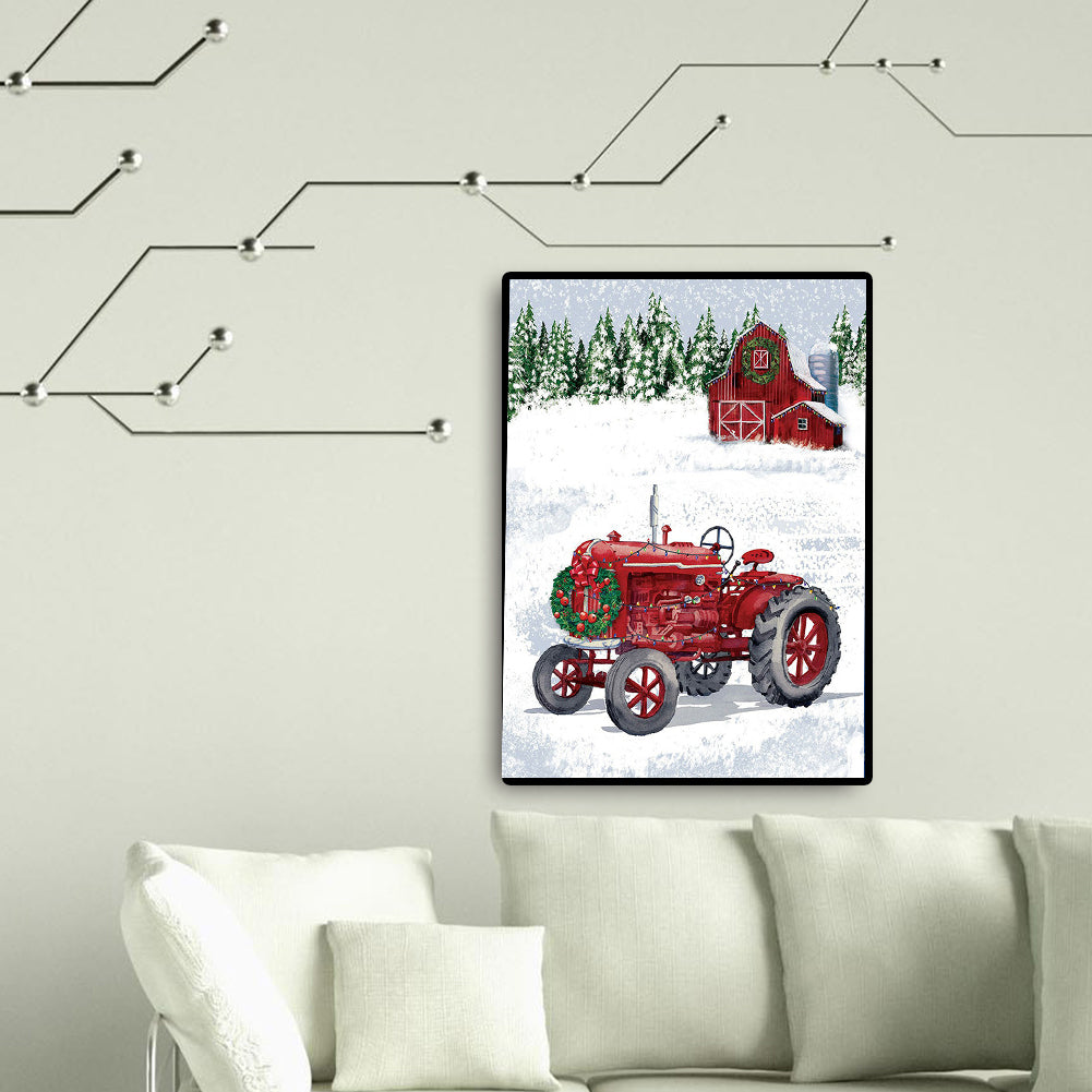 Christmas Snow Red Cabin Tractor - Full Round Drill Diamond Painting 40*50CM