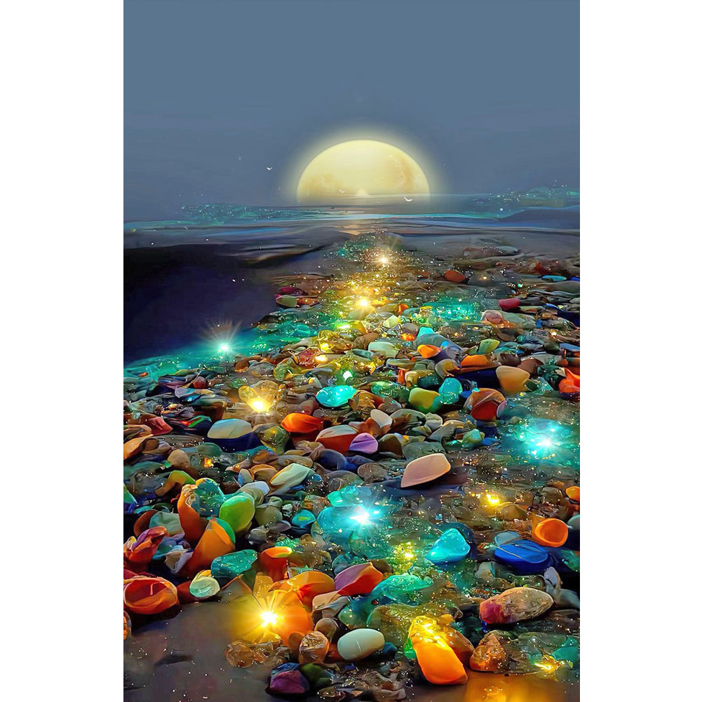 Glowing Colored Stones On The Seaside Under The Moon - Full Round Drill Diamond Painting 40*70CM