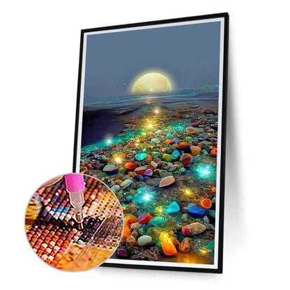 Glowing Colored Stones On The Seaside Under The Moon - Full Round Drill Diamond Painting 40*70CM