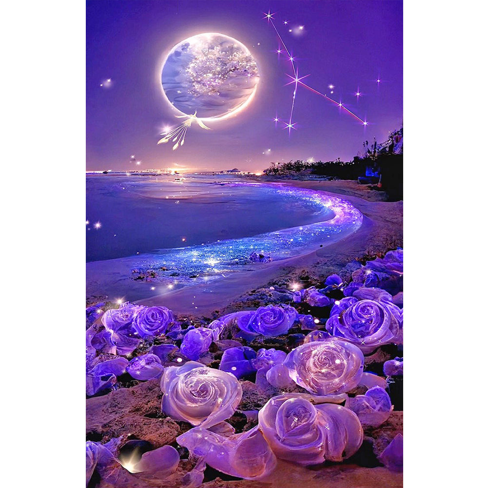 Purple Rose Beach Under The Dreamy Moon - Full Round Drill Diamond Painting 40*70CM