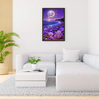 Purple Rose Beach Under The Dreamy Moon - Full Round Drill Diamond Painting 40*70CM