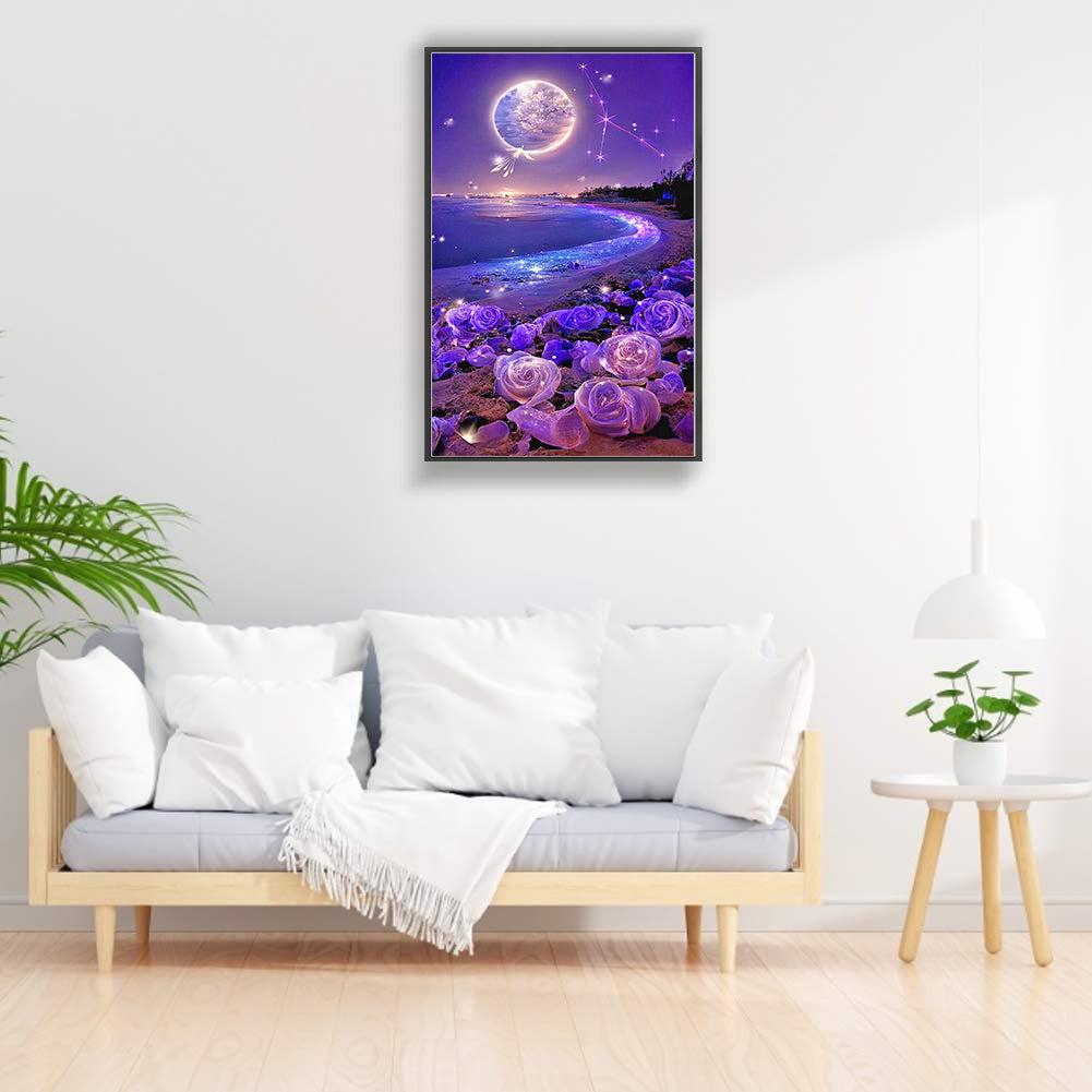 Purple Rose Beach Under The Dreamy Moon - Full Round Drill Diamond Painting 40*70CM