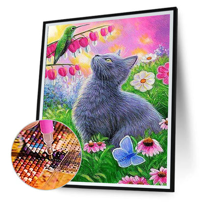 Cat Among Flowers - Full Round Drill Diamond Painting 30*40CM