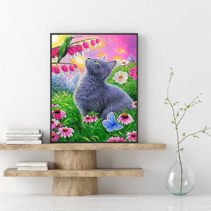 Cat Among Flowers - Full Round Drill Diamond Painting 30*40CM