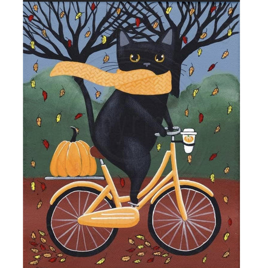 Black Cat Riding A Bike - Full Round Drill Diamond Painting 30*40CM